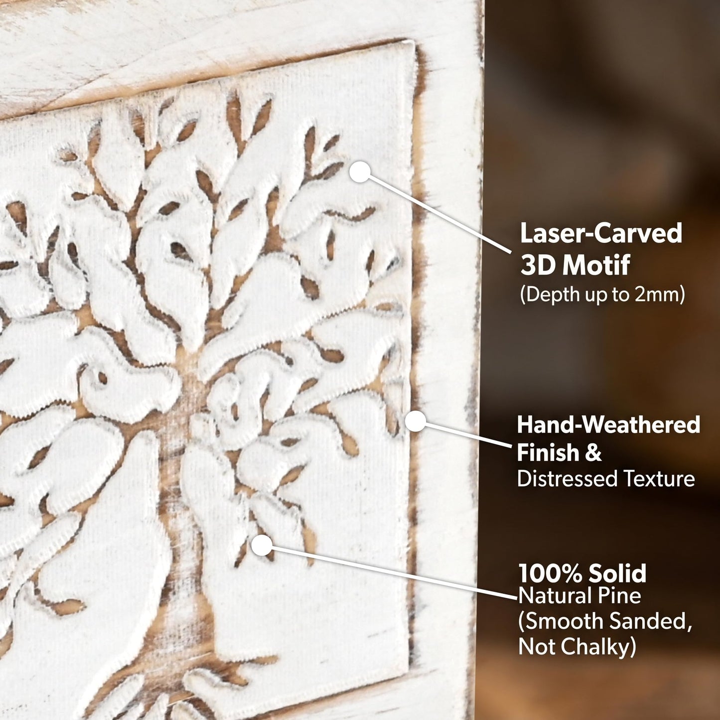 SwallowLiving Wooden Tissue Box Cover Square - Weighted Farmhouse Facial Tissue Holder with Sliding Bottom - Distressed White Tree of Life Dispenser for Bathroom Vanity, Bedroom & Living Room Decor