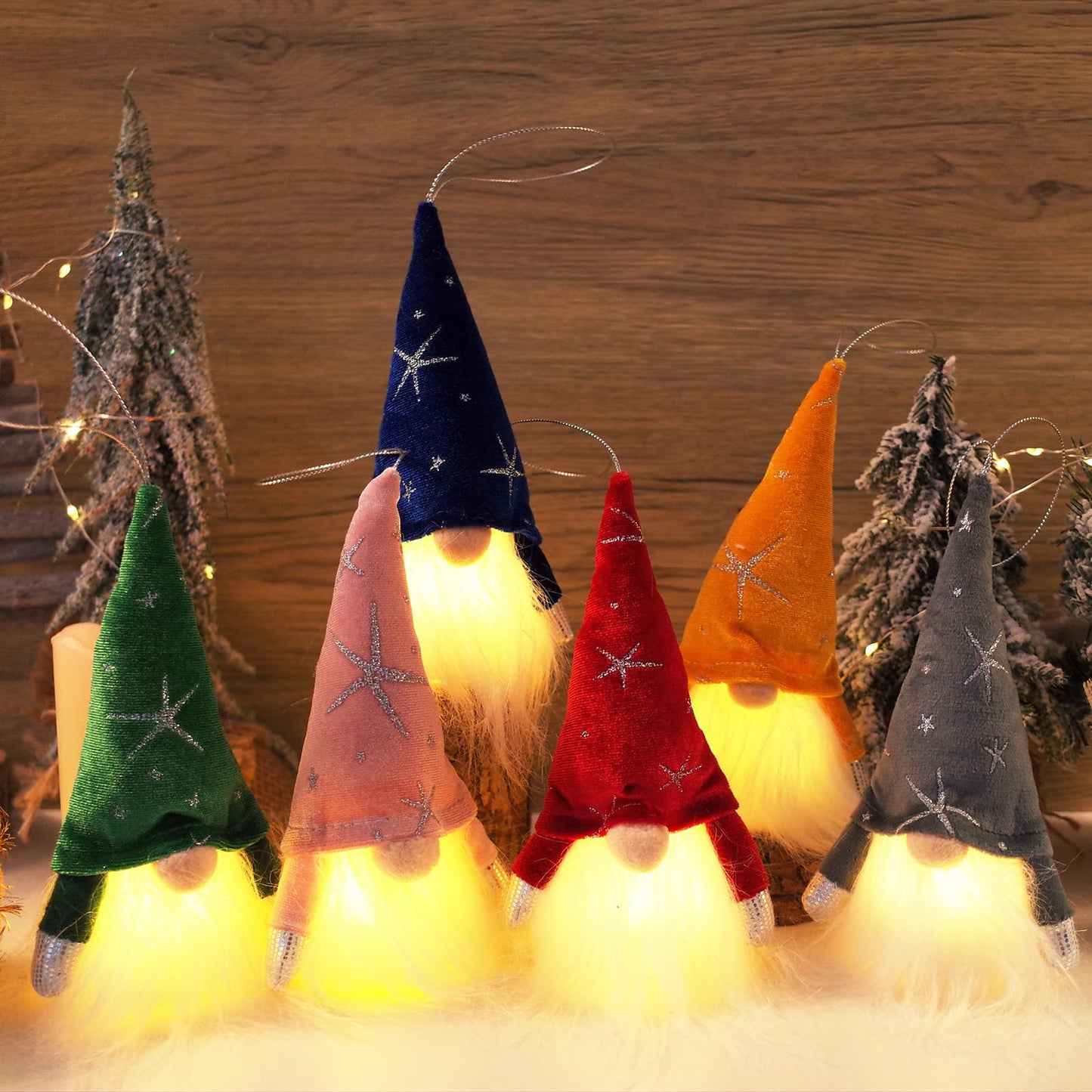 Etistta 6PCS Gnome Christmas Ornaments, 6.5 inch Velvet Christmas Tree Ornaments with Led Lights, Christmas Hanging Decorations