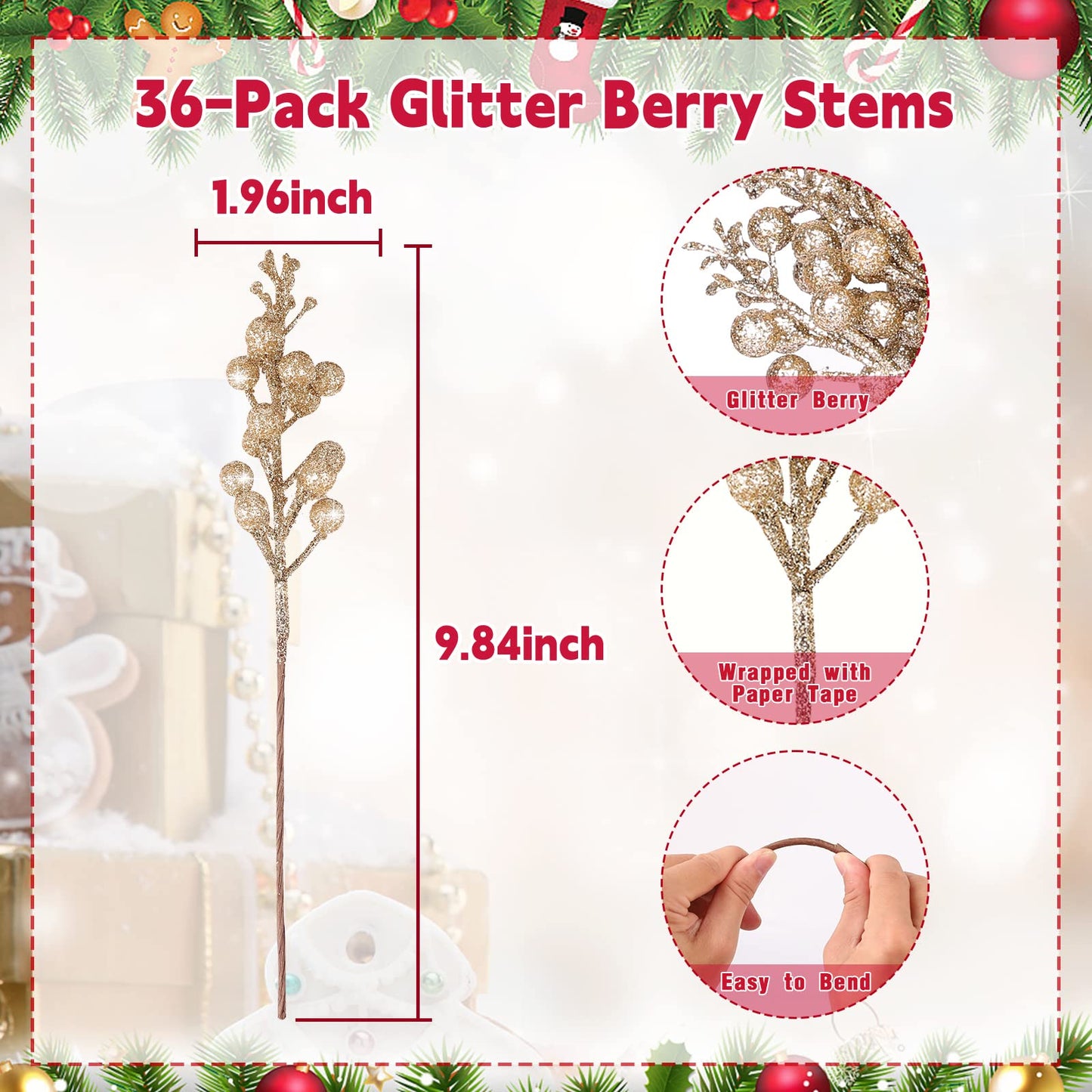 HOHOTIME 36Pcs Christmas Glitter Berries Stems, 9.5 Inch Artificial Christmas Tree Picks for Christmas Tree Decorations Ornaments DIY Crafts Vases Holiday Wedding Home Xmas Decor(Champagne)