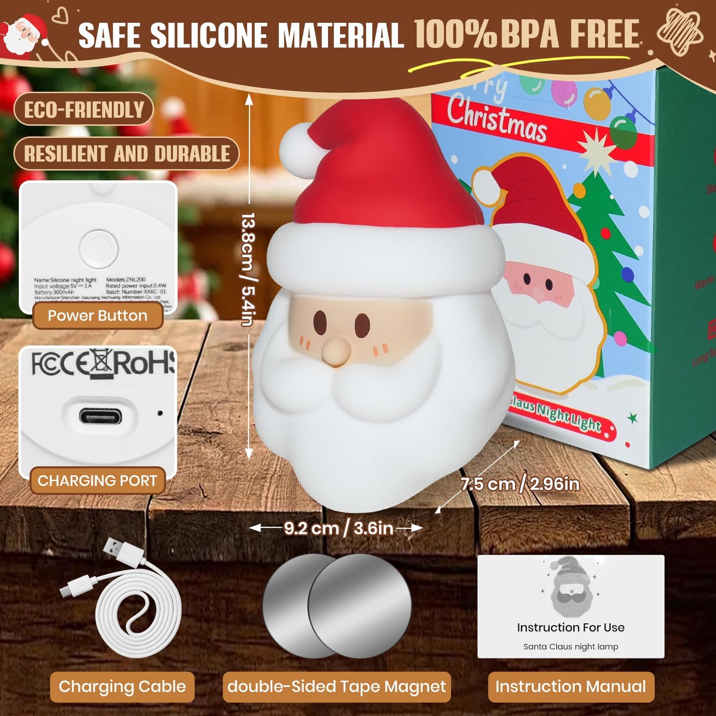 Christmas Night Light, Nursery Santa Squishy Light, Wireless Rechargeable Silicone Night Light ,Table Bedside Lamp, Kids Funny Christmas Gift, Touch-Activated Lamp，Xmas Bedroom living room Dorm Decor