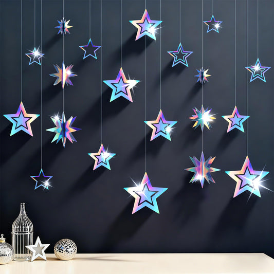 BTSD-home Iridescent Star Garland Decorations 14 Mixed 3D Twinkle Hanging Stars with 5.25FT Holographic Octagon Star Garland for Home School Ceiling Window Starry Space Birthday Party Decorations