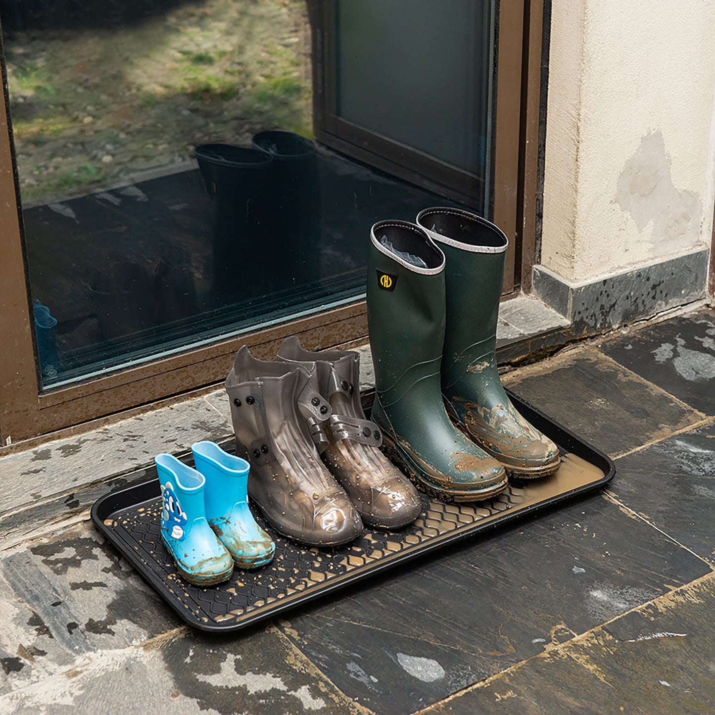 Trimate All Weather Boot Tray, 2 Pack Water Resistant Plastic, Multi-Purpose for Shoes, Pet Feeding Trays, Garden-Mudroom Entryway, Garage, Indoor or Outdoor - Medium, 24"x16" - (Black)