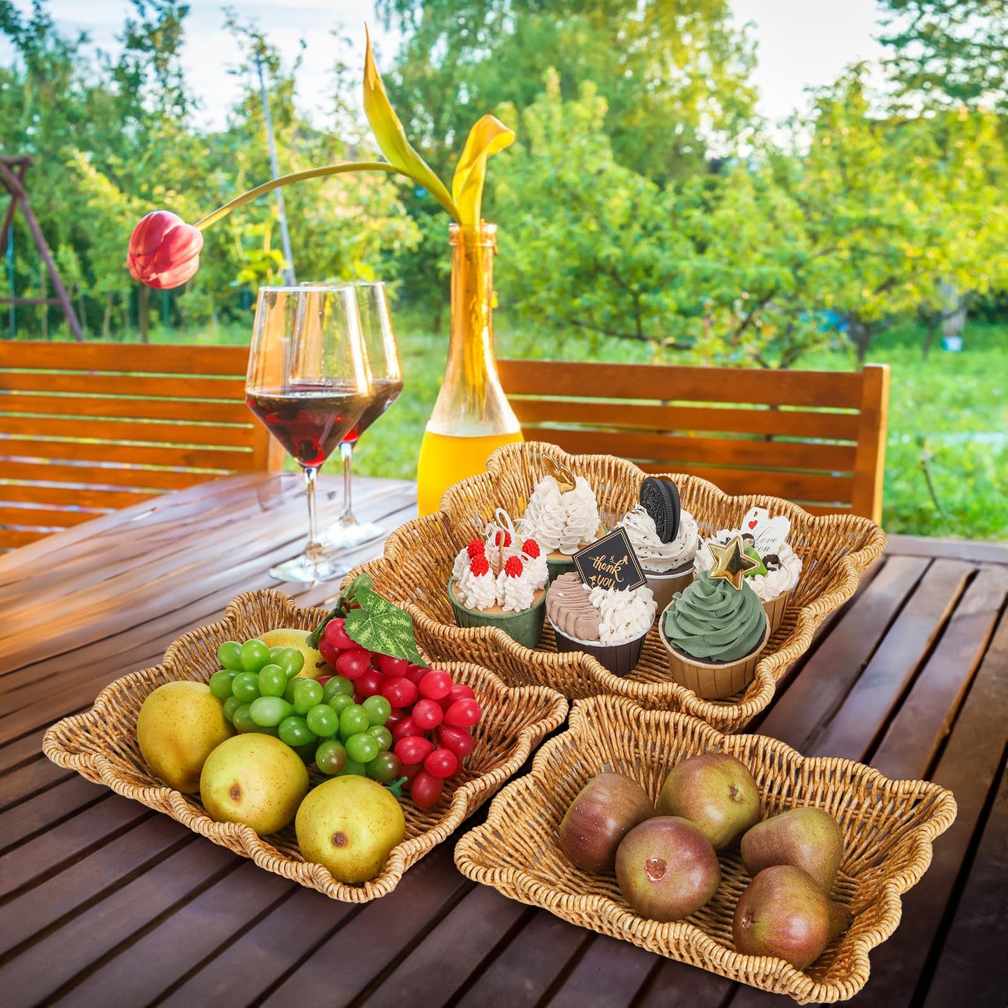 Jucoan 3 Pack Poly Wicker Bread Baskets, Imitation Rattan Fruit Baskets, Rectangular Tabletop Woven Serving Baskets Trays for Fruits Vegetables and Snacks, Restaurant Hotel Kitchen