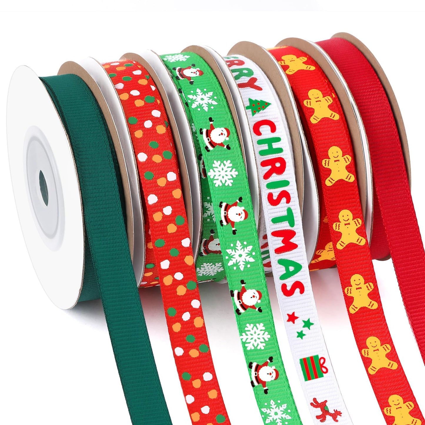 DECYOOL Christmas Ribbon, 6 Rolls 60 Yards Snowflakes Santa Claus Gingerbread Man Dots Ribbon for Christmas Crafts, 10mm Wide Grosgrain Ribbons for Gift Wrapping, Party, Home Decor