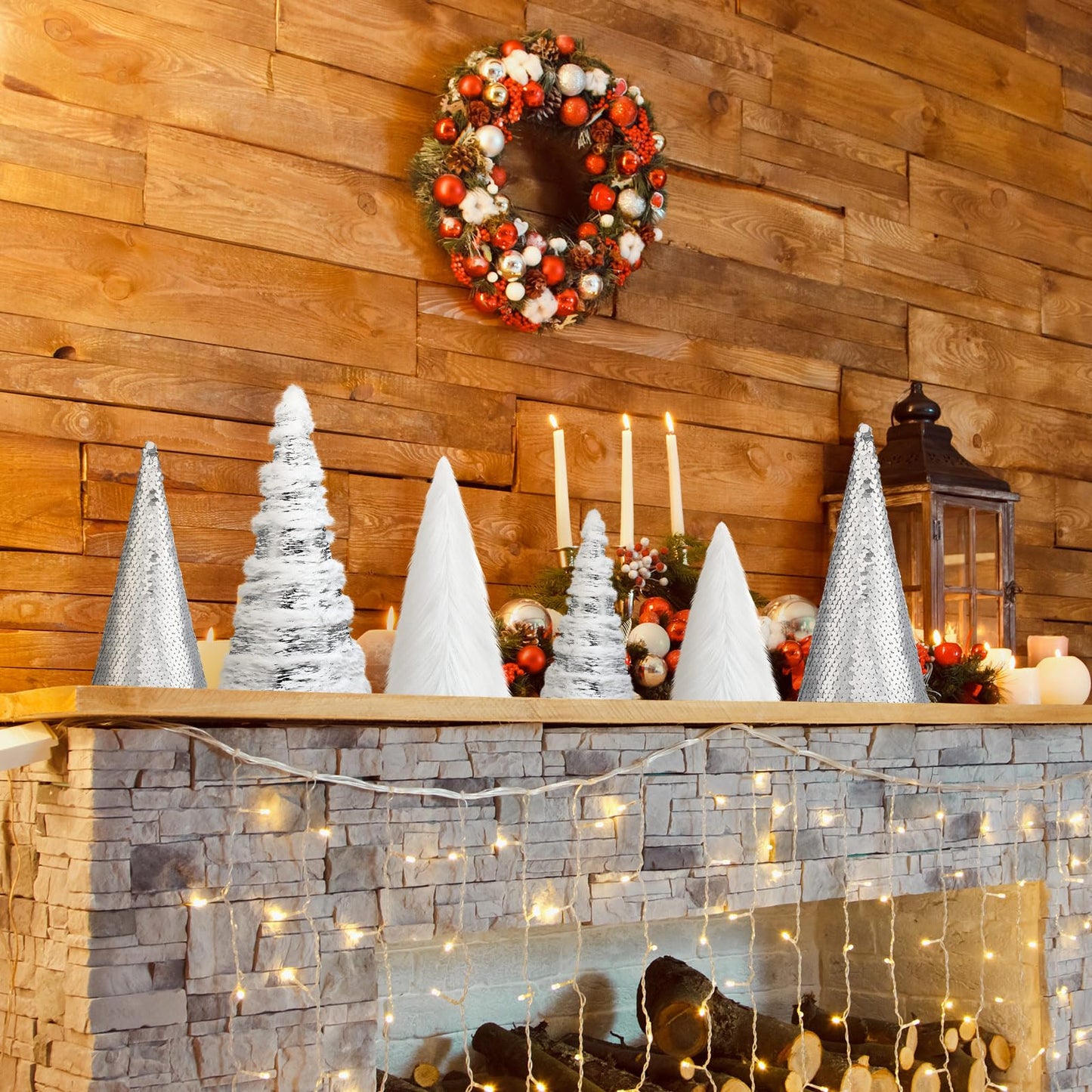 Kigley 6 Pcs White Feather Christmas Cone Tree 10.5" 8" 6" Cone Pedestal Decor Silver Sequins Christmas Tree Table Decorations Xmas Table Centerpiece Farmhouse Xmas Home Winter Holiday Tabletop Decor