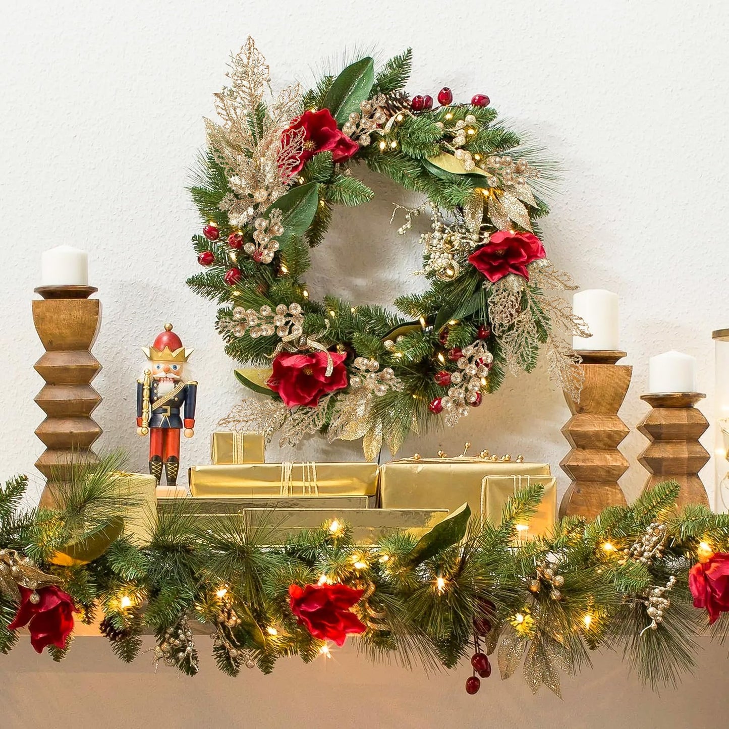 Alupssuc 24 PCS Christmas Tree Decorations, 12 PCS Poinsettia Flowers Artificial+6 PCS Glitter Holly Berry Stems+6 Berry Leaves Christmas Tree Picks for Party Wreath Fireplace, Champagne Gold