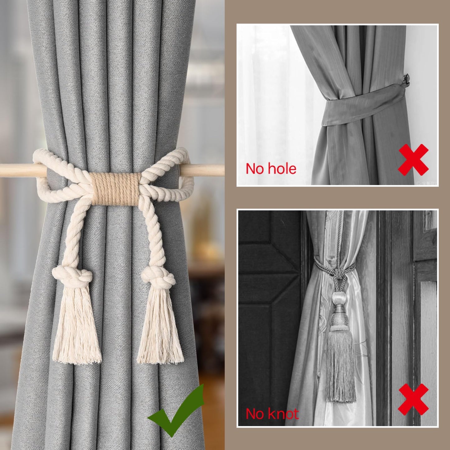 NICEEC 2 Pack Natural Cotton Rope Curtain Tiebacks Boho Rustic Style Decorative Drape Tie Backs Farmhouse Hand-Woven Rope Curtain Holdbacks with Wood Club for Home & Office Drapery (Cotton knot-Beige)