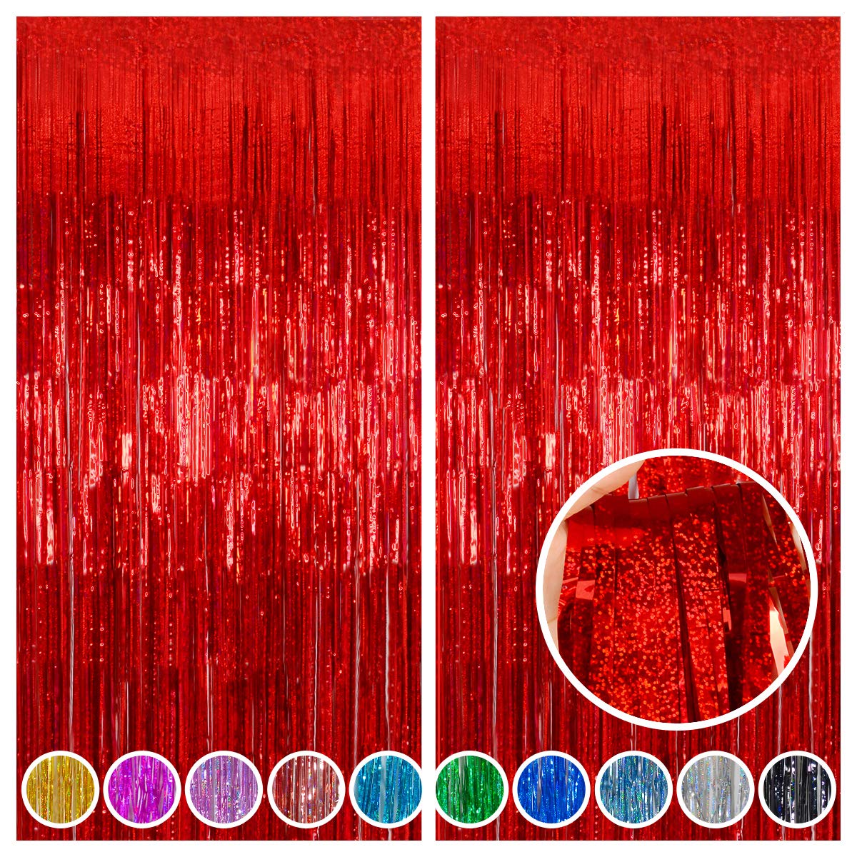 Red Tinsel Curtain Backdrop for Party Decorations - Sparkle Foil Tinsel Fringe Curtains Photo Backdrop Booth (3.2ft x 8ft, 2 Packs)