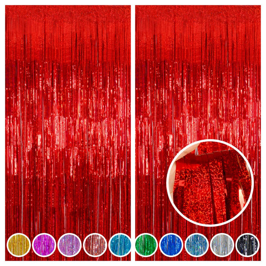 Red Tinsel Curtain Backdrop for Party Decorations - Sparkle Foil Tinsel Fringe Curtains Photo Backdrop Booth (3.2ft x 8ft, 2 Packs)