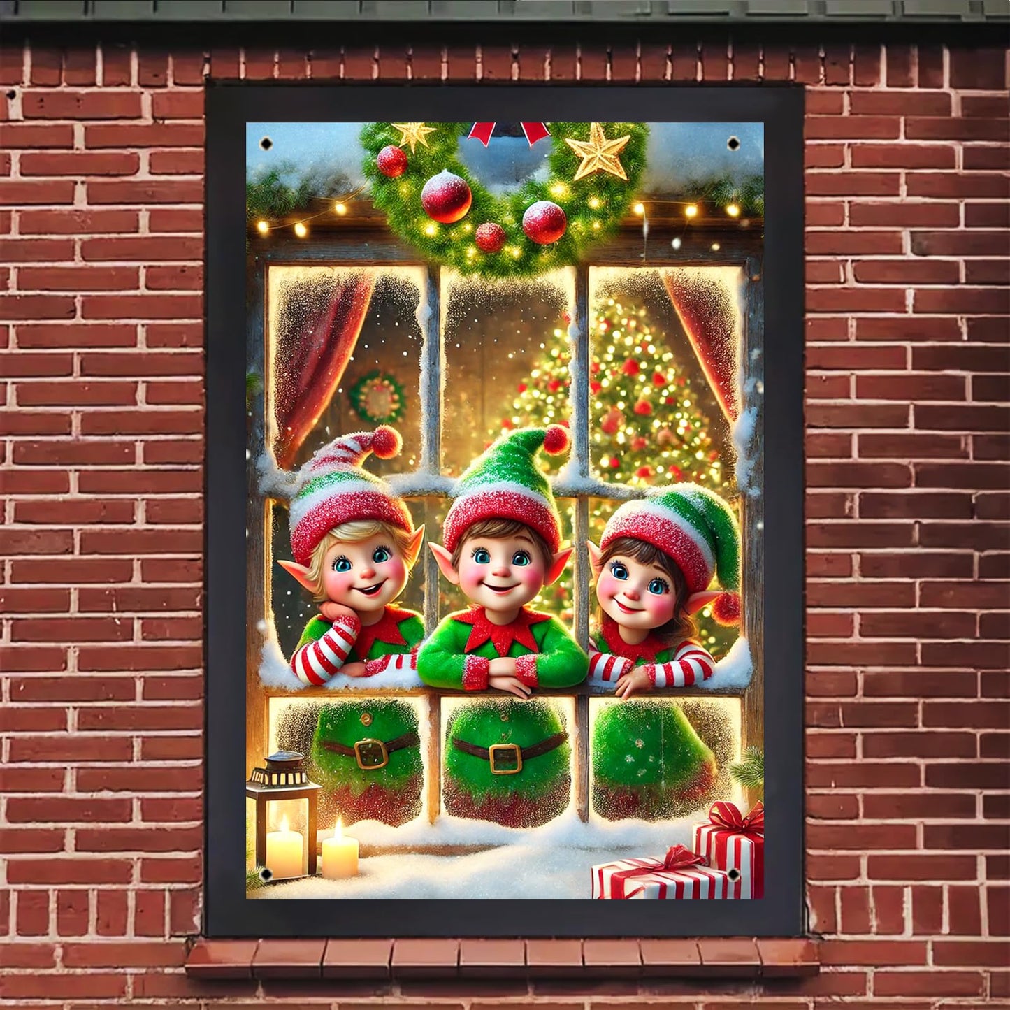 BlissYard Christmas Window Cover 31x47 Inch Elf Window Poster Decoration for Holiday Kids Room Indoor Xmas Wall Scene Winter Window Backdrop Display