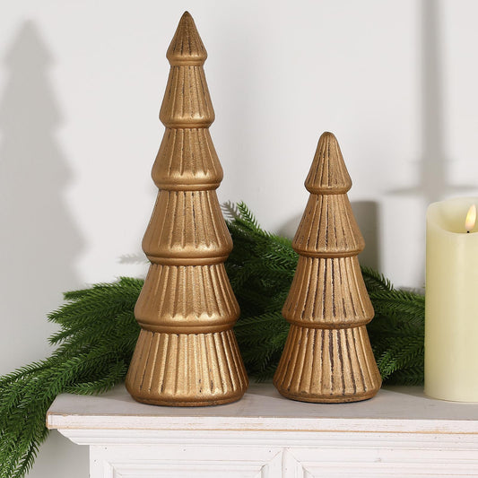 Christmas Decorations-2pcs Wooden Christmas Tree Figurine-Vintage Cone Indoor Xmas Decoration Centerpieces for Table Shelf Mantel and Living Room Home Decor (Gold)
