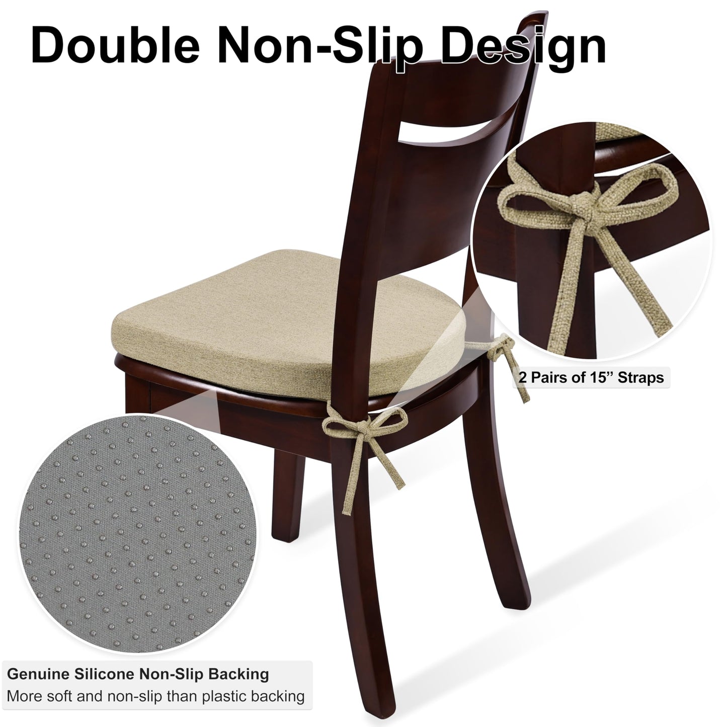 Shinnwa Dining Chair Cushions, Non-Slip Kitchen Chair Cushions with Ties and Machine Washable Cover, 17 x 16.5 x 2in, Natural Linen
