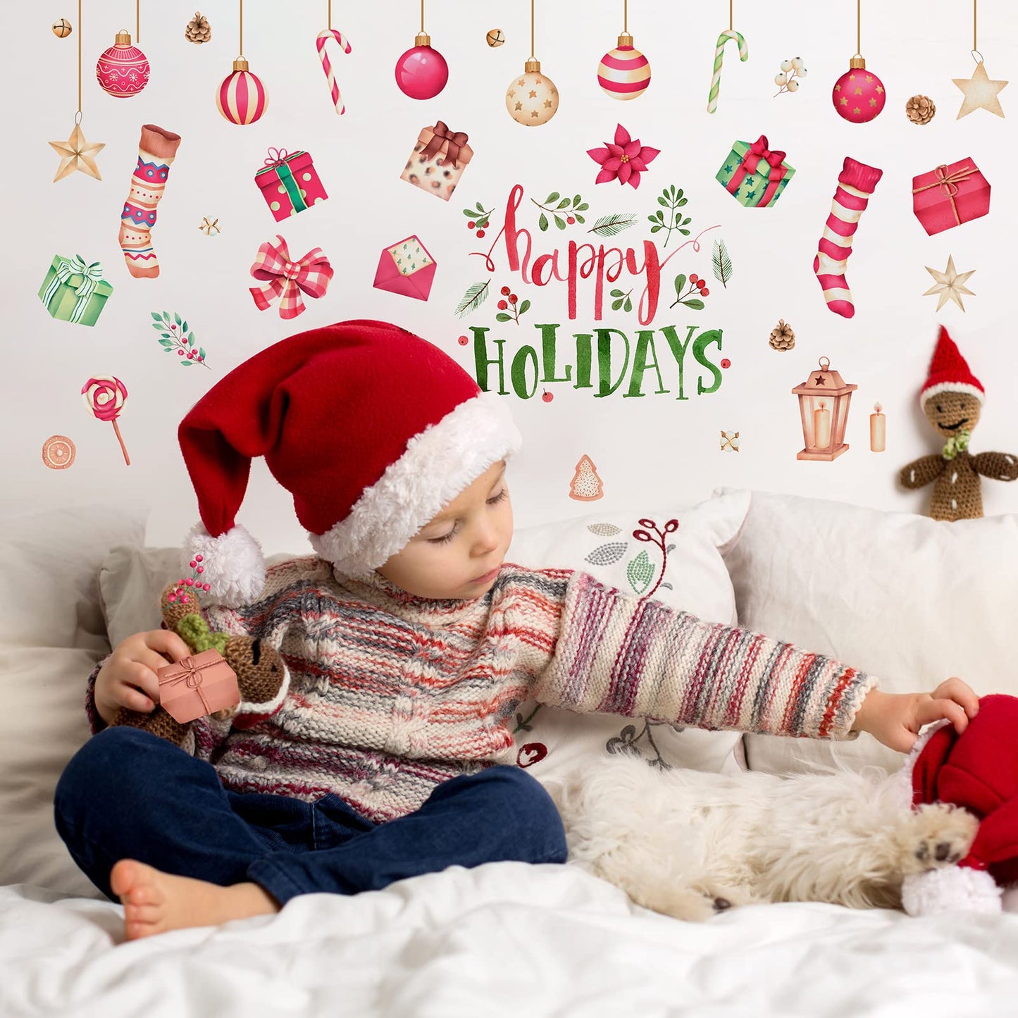 Happy Holiday Wall Stickers Christmas Window Stickers with Socks Candy Copper Bell Decals Removable Vinyl Wall Decals Window Xmas Self-Adhesive Holiday Home Decoration