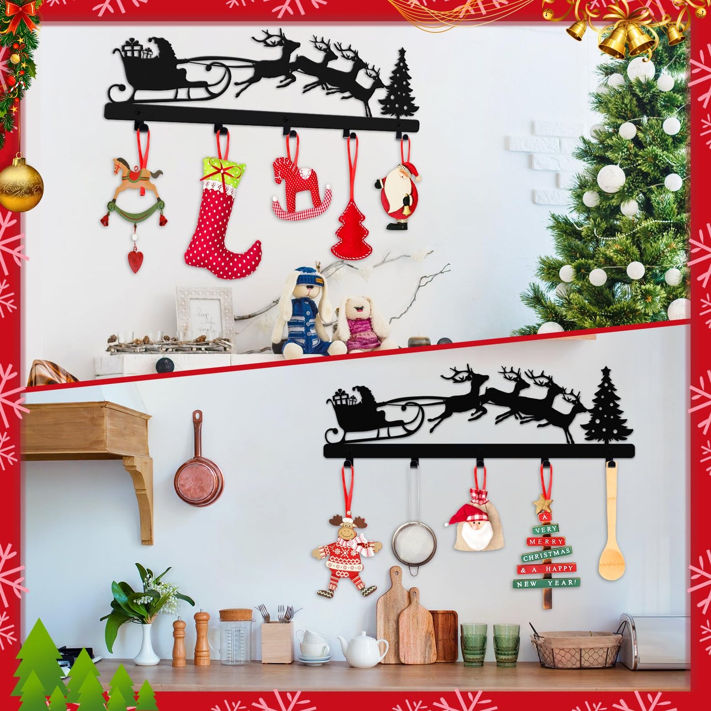 POILKMNI Christmas Stocking Holder, Metal Hanging Sign with 5 Hangers for Fireplace Mantel, 17 Inch, Black