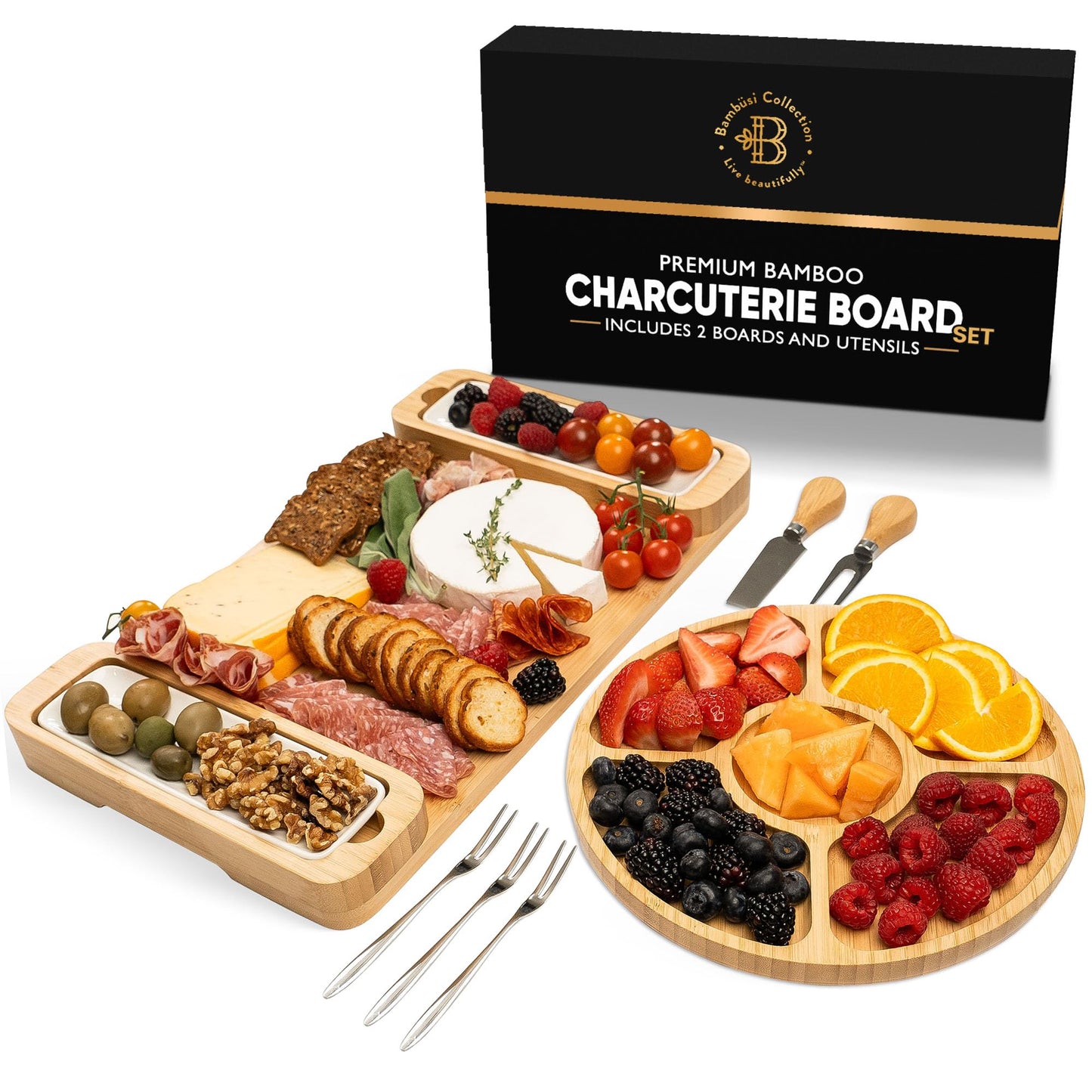 Charcuterie Boards - Large Bamboo Cheese Board Gift Set with Serving Tray, Knives & Bowls for Meat, Cheese & Crackers - House Warming Gifts New Home, Wedding Gift for Couple, Birthday Gifts for Women