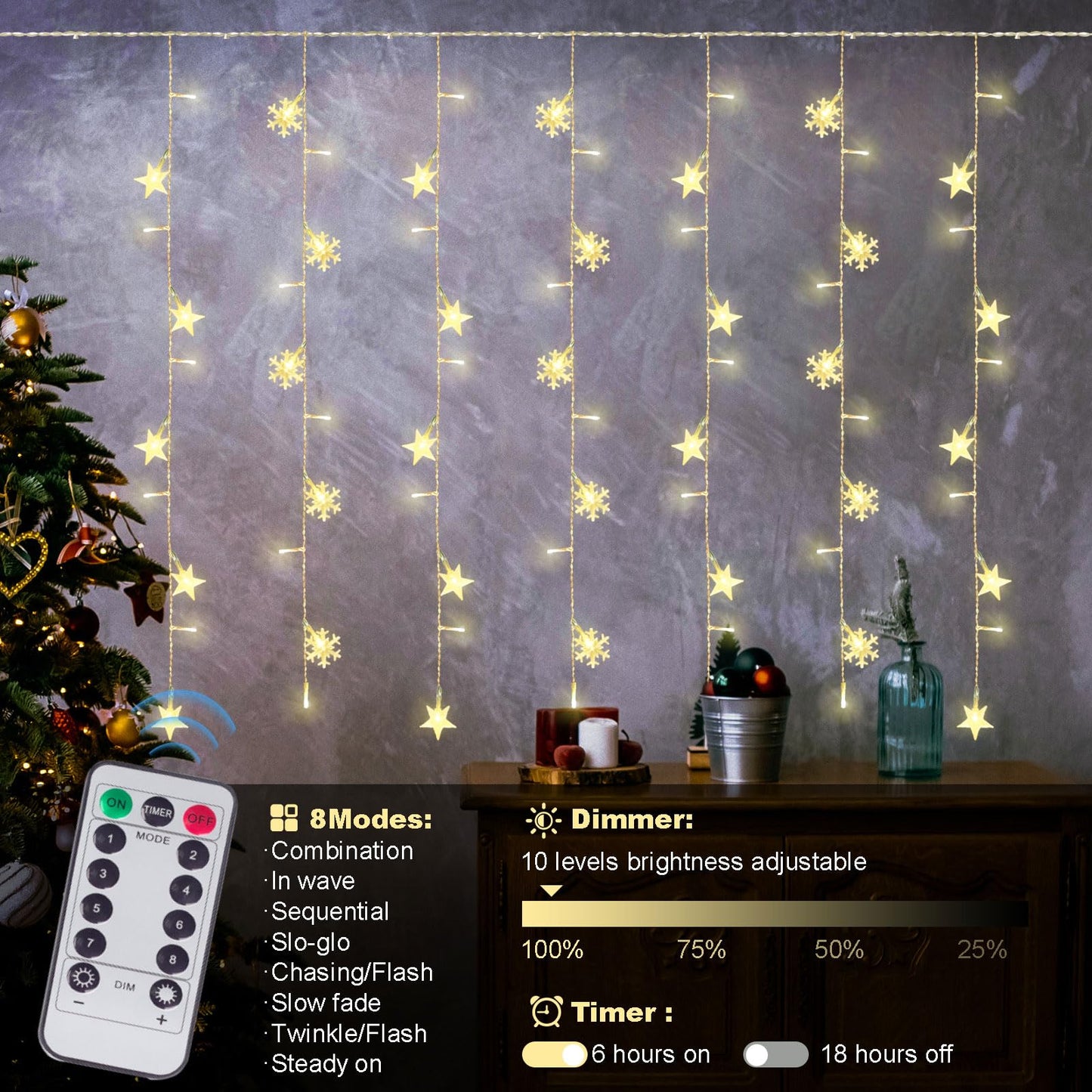 Newhale 8 Modes Christmas Curtain String Lights with Snowflake and Star, USB Plug in Wall Lights Christmas Decorations Indoor, Xmas Window Light Decor, Warm White