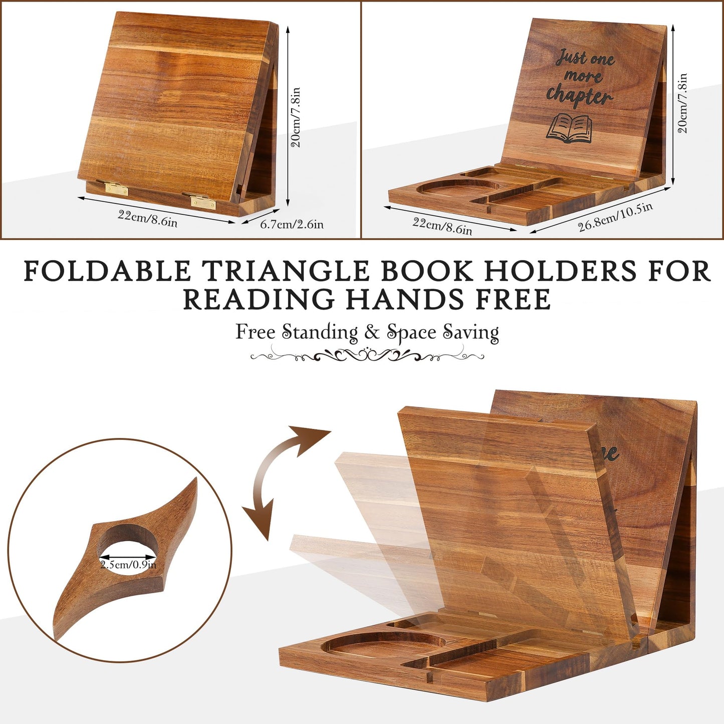 Book Holder Stand for Reading Rest, Wooden Foldable Book Rest with Book Page Holder, Cup, iPad & Phone Stand, Book Nook Reading Valet Desktop Triangle Bookstand Bookshelf for Readers Bookworms Gifts