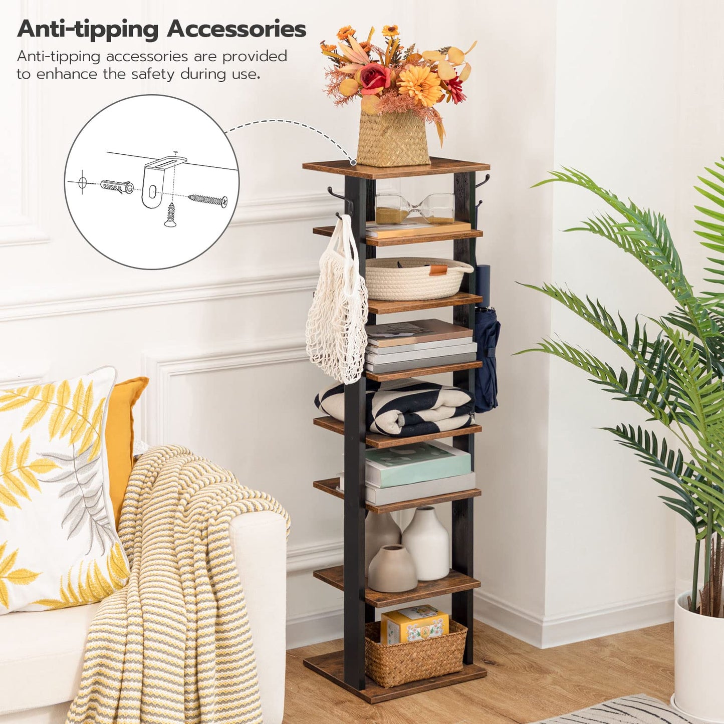 HOOBRO 8 Tiers Vertical Shoe Rack, Wooden Shoe Storage Organizer with Hooks, Narrow Shoe Tower for 8 Pairs, Space Saving, for Entryway, Living Room, Bedroom, Rustic Brown BF07XJ01G1