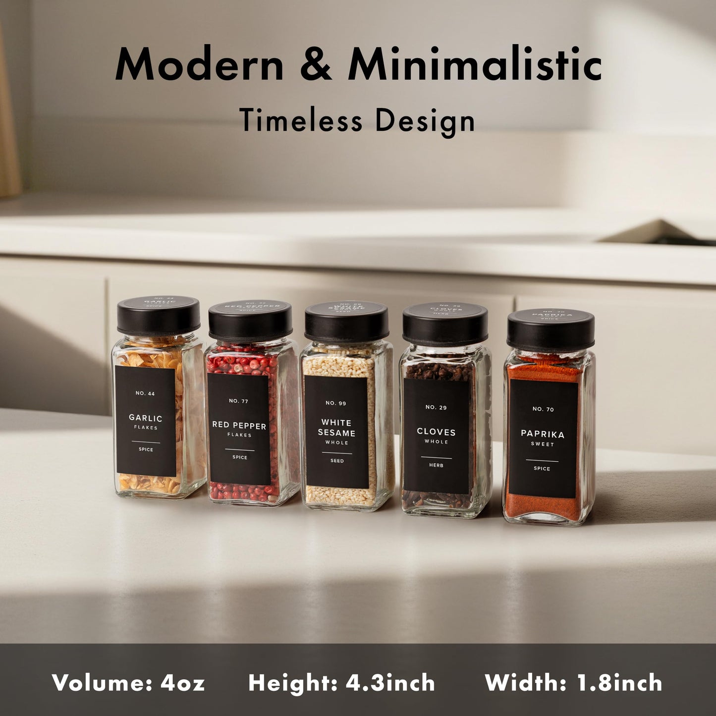 EDELHAUS Glass Spice Jars with Label and Black Lids (24 x 4oz) Spice Containers with 240 Labels, Shaker Inserts, Steel Funnel, Empty Square Empty Square Seasoning Organizer