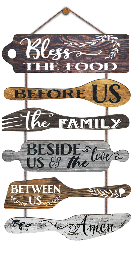 EXQUIDECA Bless the Food Before Us Farmhouse Kitchen Wall Decor - Dining Room Decorations Collage Wall Art in Neutral Grey Color - Wooden Rustic 6pcs Roped Sign 25x14 Inches Vertical