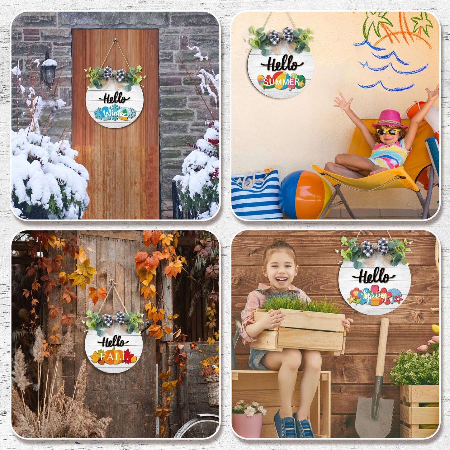 Burbell 20 Pieces Interchangeable Welcome Sign for All Seasons Seasonal Front Door Decor with 4 Pcs Sign and 15 Pcs Changeable Icons Farmhouse Front Porch Rustic Holiday Wooden Door Decor(White)