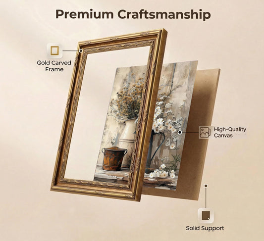 Vintage Framed Dried Wildflower Wall Art, Rustic Farmhouse Floral Still Life Wall Decor, Pastoral Style Flower in Metal Pitcher Poster Canvas Print Artwork for Living Room Bedroom Kitchen