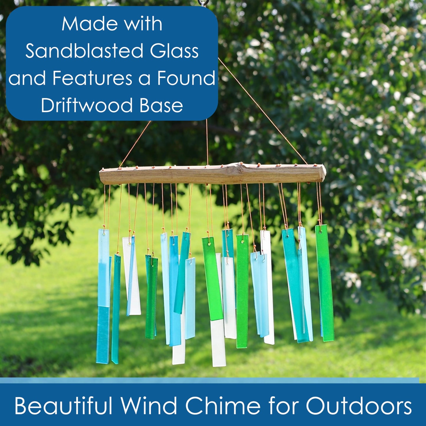 Blue Handworks Sea Glass and Driftwood Chime - Sandblasted Glass and Found Wood Hand Crafted Wind Chime