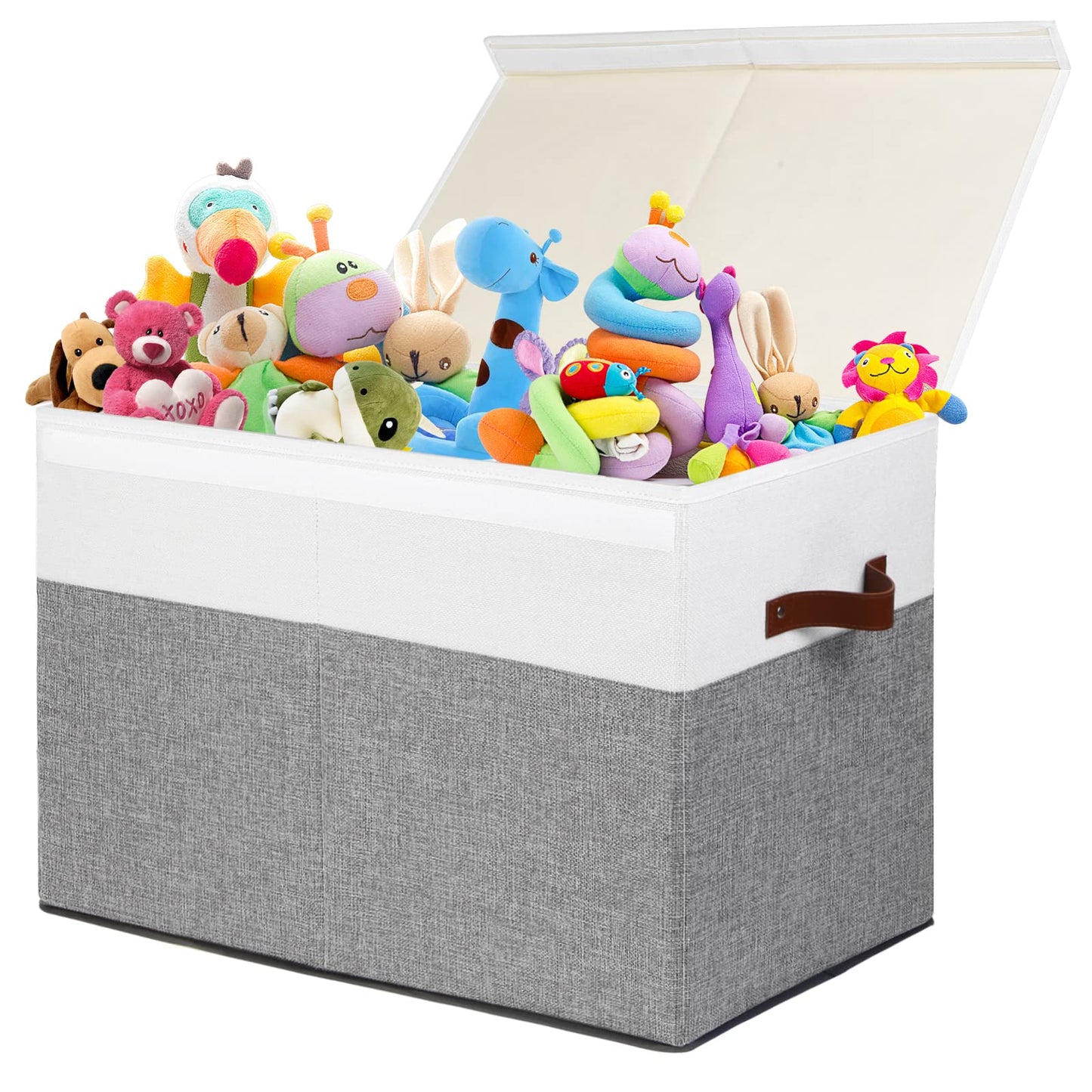Gowee Large Toy Storage Box with Lid, Sturdy Toys Storage Chest Bin Organizer Basket with Dividers for Kids, Boys, Girls, Nursery, Closet, Bedroom, Playroom 25"x13" x16" (Grey and White)