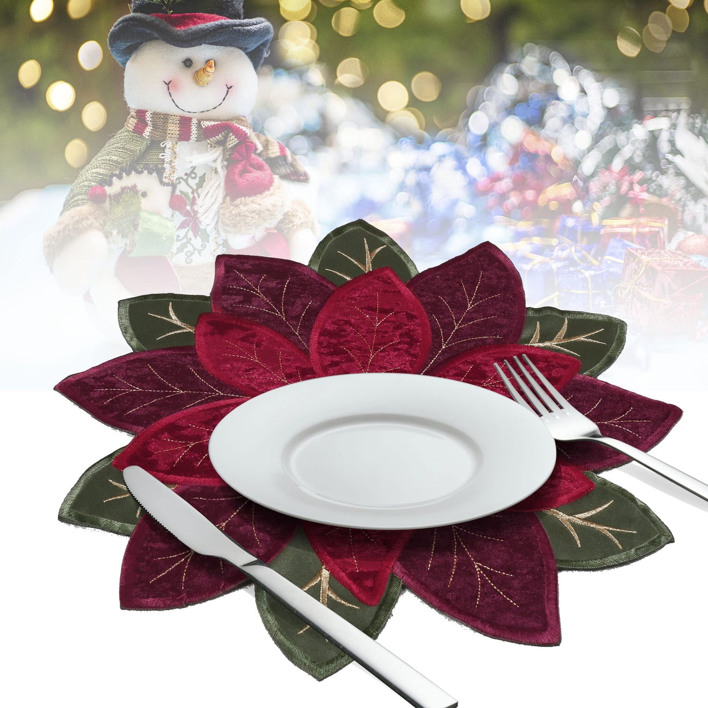 OWENIE Christmas Placemats Set of 4, Poinsettia Table Mats with Embroidered and Applique Velvet Fabric, 16 Inch x 16 Inch Diecut Placemat for XMAS Holiday Tabletop, Round Doilies for Dining Table, Red