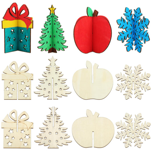 BENIMUS DIY 3D Christmas Wood Crafts to Paint, Unfinished Wooden Table Decorations, Wooden Slices Christmas Decor Cutouts Ornaments for Painting Decorations (32 PCS)
