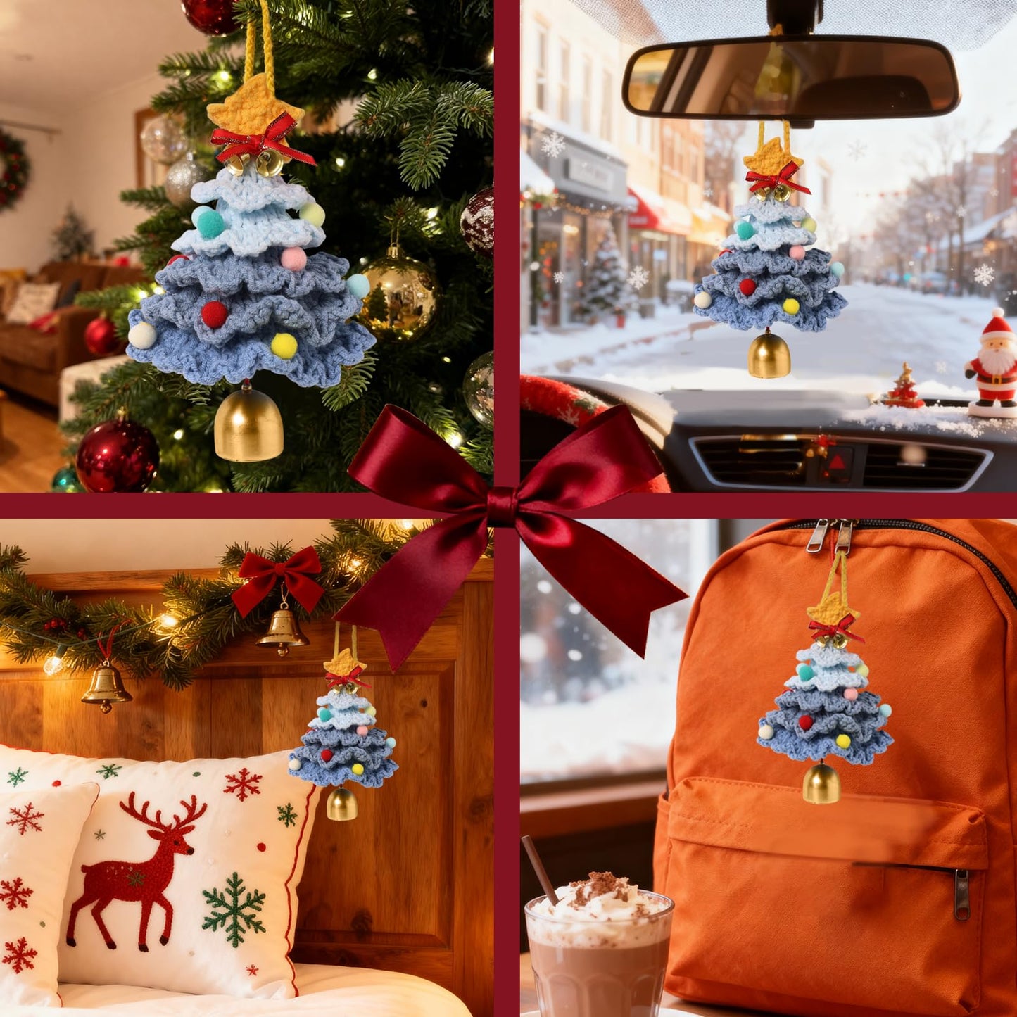 JSSTEM Handmade Crochet Christmas Tree, Hand-Knitted Ornaments Car Pendant with Bells, Stars, Bows & Pom Poms, Cotton Xmas Decor for Holiday Tree, Festive Gift, Home, Car and Party Decor, Blue