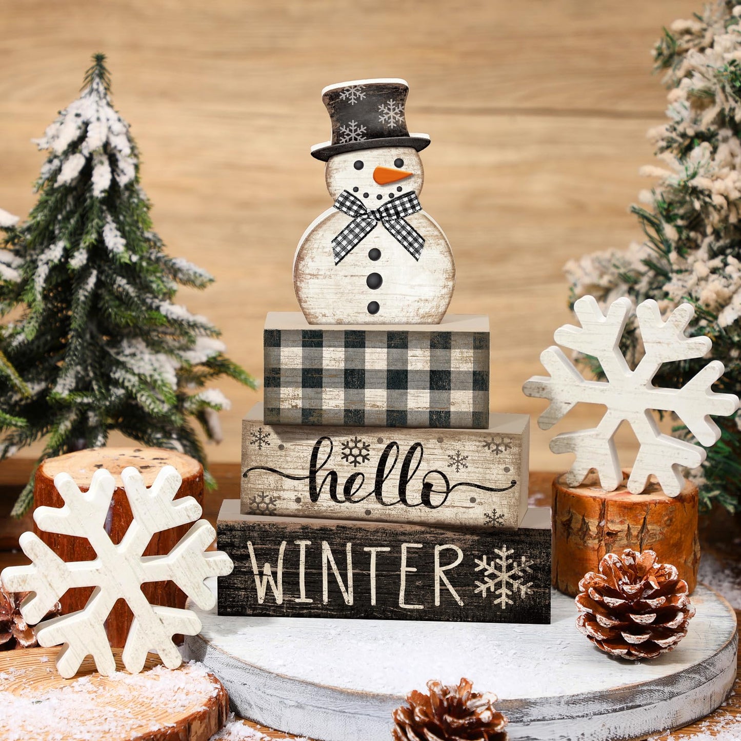 Colingmill 6 Pcs Snowman Christmas Decor Winter Table Decorations Winter Tiered Tray Decor Wooden Snowman Snowflake Signs Christmas Table Centerpiece for Farmhouse Home Kitchen Shelf Office Decoration