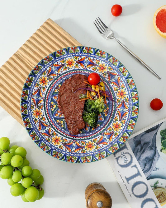 HASENSE Dinner Plate Set of 4, 10.5 Inch Porcelain Plates for Kitchen, Large Salad Plates for Steak, Dishes Set for Restaurant, Microwave, Oven & Dishwasher Safe for Christmas Gift, Bohemian