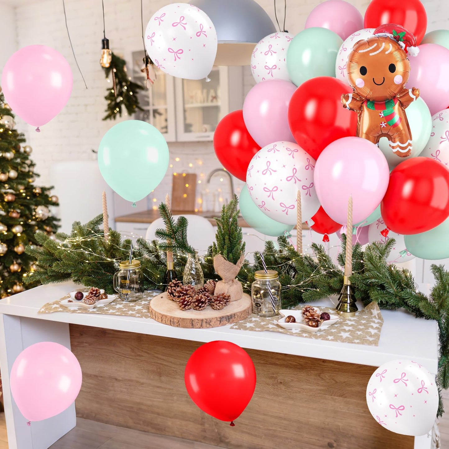 Christmas Balloons, 60pcs Pink and Red Green Balloons with Gingerbread Man Foil Xmas Balloon, Pastel Green Red and Pink Bow White Balloon for Christmas Party Decorations Birthday New Year Supplies