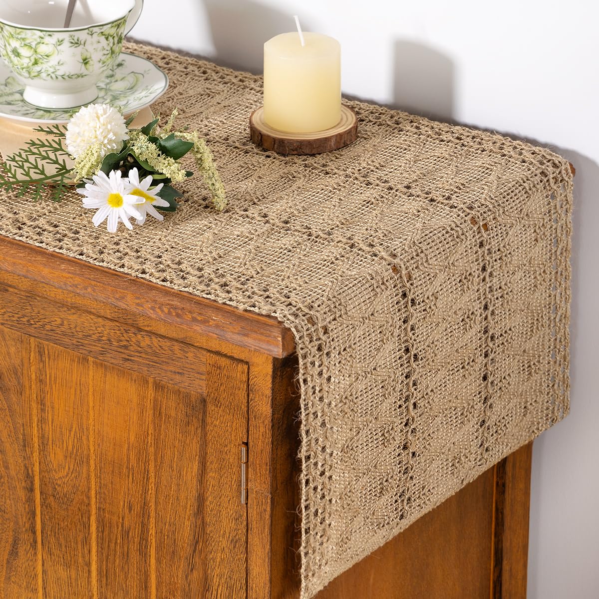Socomi Boho Table Runner Easter Spring Farmhouse Burlap Jute Bamboo Rustic Dining Kitchen Centerpiece Decor Small Macrame Woven Coffee Table Runner for Dresser Scarf Home Decor 12x36 inch