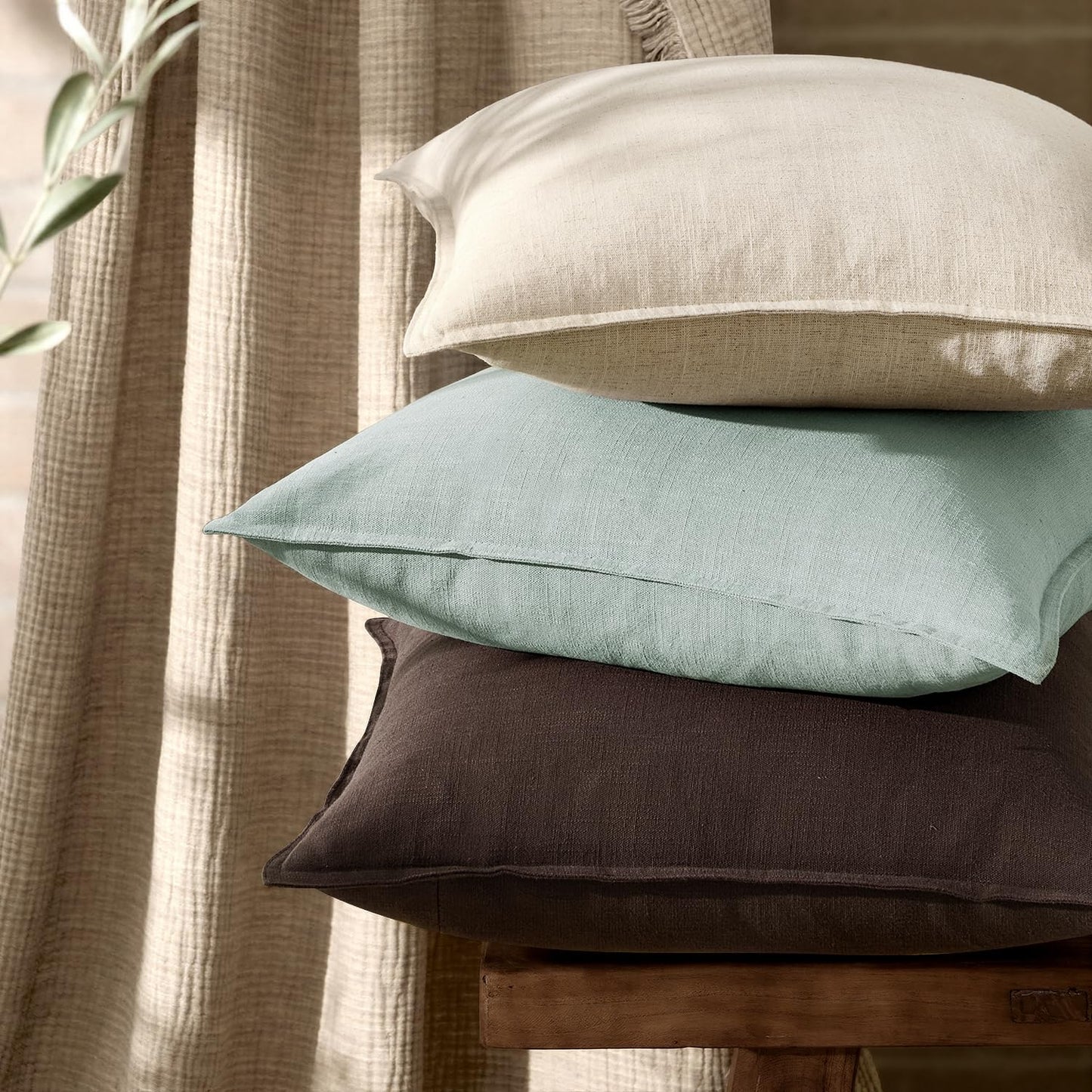ANRODUO Pack of 2 Decorative Linen Pillow Covers Aqua Green Neutral Farmhouse Boho Soild Cushion Case Soft Accent Pillowcase for Couch Sofa Bedroom Living Room Spring Home Decor 18 x 18 Inch