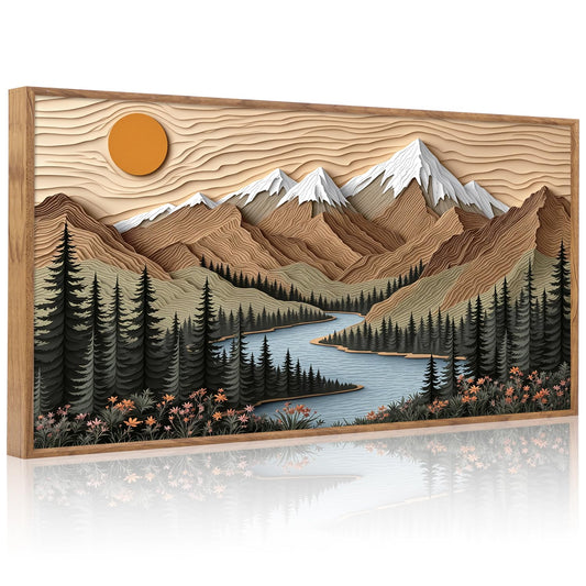 CHDITB Mountain Framed Wall Art, Long Horizontal Mountains Wall Decor, Sun Lake Pine Trees Nature Wall Painting, Modern Rustic Farmhouse Landscape Art Prints for Bedroom Office Decoration 20"x40"