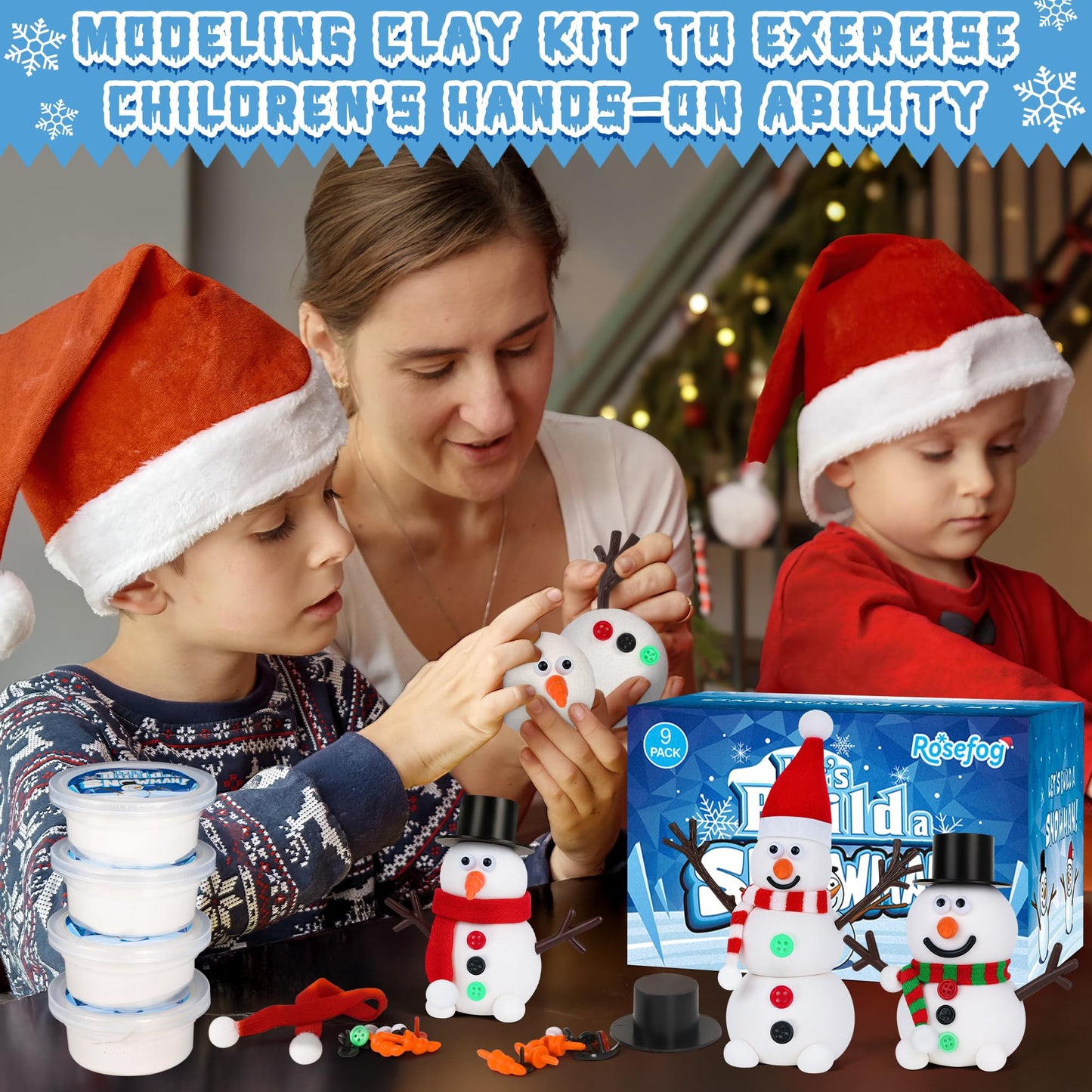 RoseFog 9 Pack Christmas Crafts, DIY Christmas Snowman Clay for Kids, Build Your Snowman Craft Kit, Modeling Clay Snow Man Making Game, Xmas Crafts Presents Winter Christmas Stocking Stuffers
