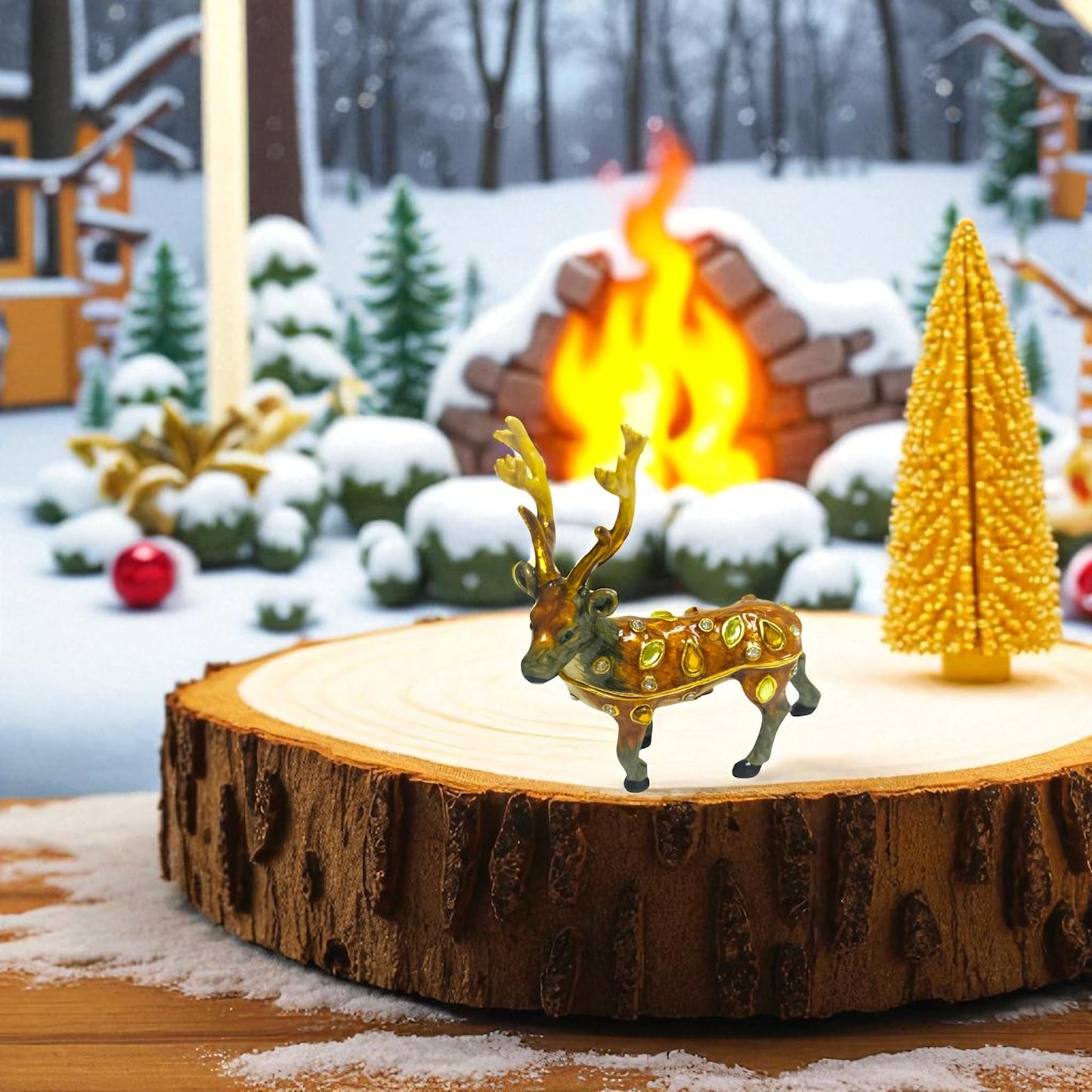 Cristiani Collezione Hand Crafted 14k Gold Plated Peweter Decorative Reindeer Figurine with Crystal Accents, Holiday Home Decor, ideal for Small Jewelry, Kids First Tooth