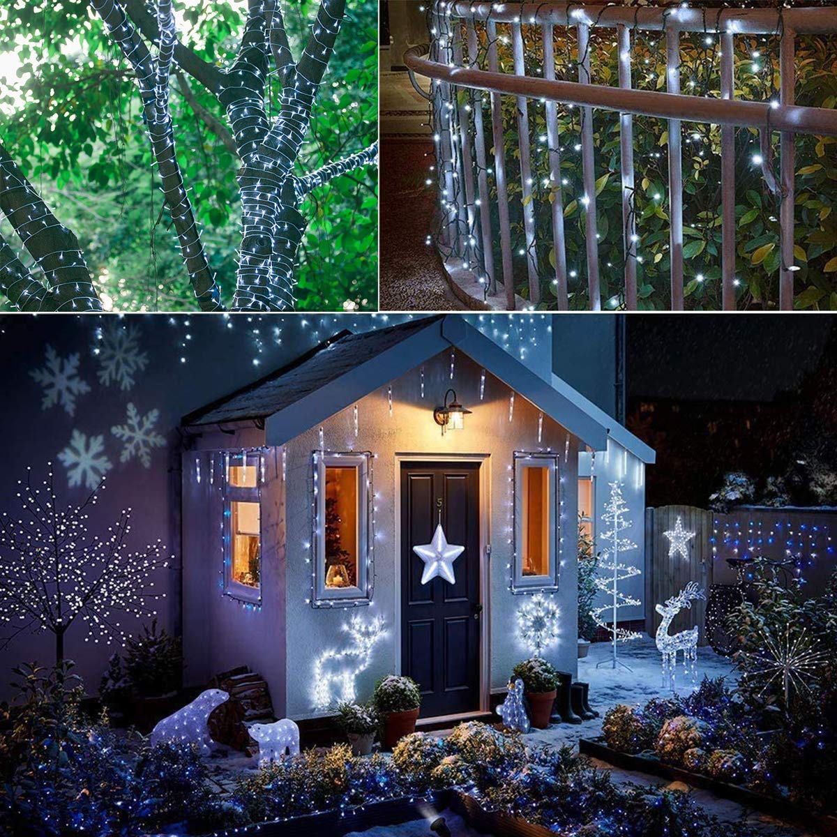 Solar LED Christmas String Lights - 2 Pack Total 144ft 400 LED 8 Modes Outdoor Icicle String Lights, Waterproof Solar Powered White Fairy Light for Garden Patio Fence Christmas Tree Decorations White