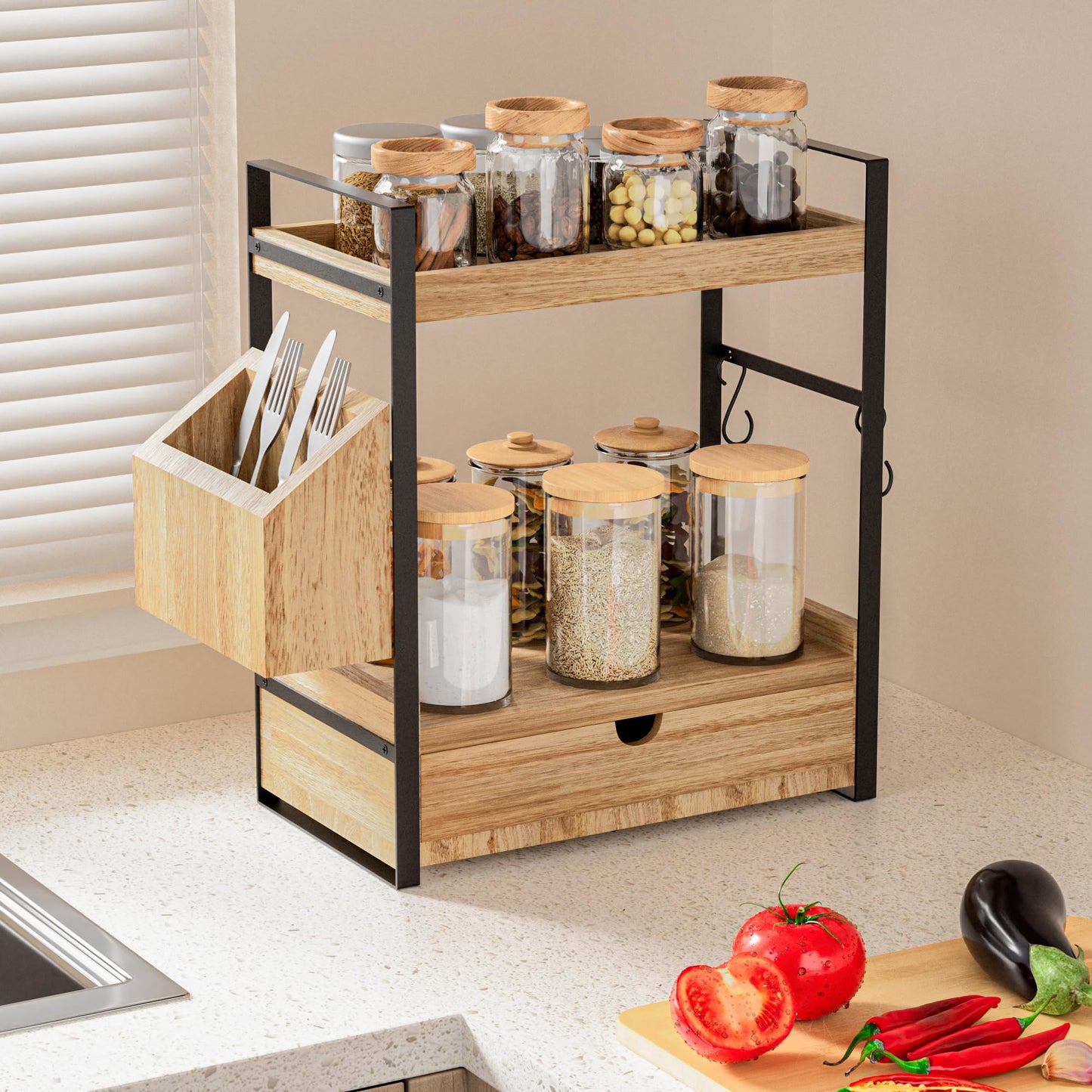 Aollewoiti 2-Tier Bathroom Counter Organizer with Drawer and Basket, Wood Countertop Organizer for Storage, Skincare Organizers for Vanity, Counter Shelf for Bathroom Organization