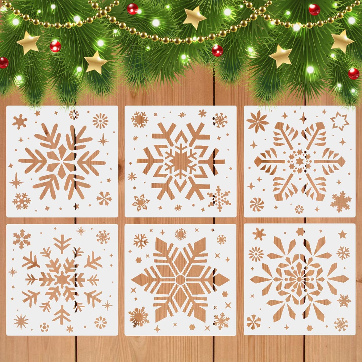 Christmas Snowflake Stencils for Painting on Wood-6 Pack Large Reusable Christmas Stencil Winter Ornament Farmhouse Christmas DIY Craft Supplies Decor 8 Inch