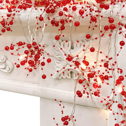 TURNMEON 10 Ft 30 LED Red Christmas Garland with Lights Timer Beaded Garland Christmas Lights Battery Operated Festive Lighted Xmas Garland Christmas Decor for Home Mantle Fireplace Table Party Decor