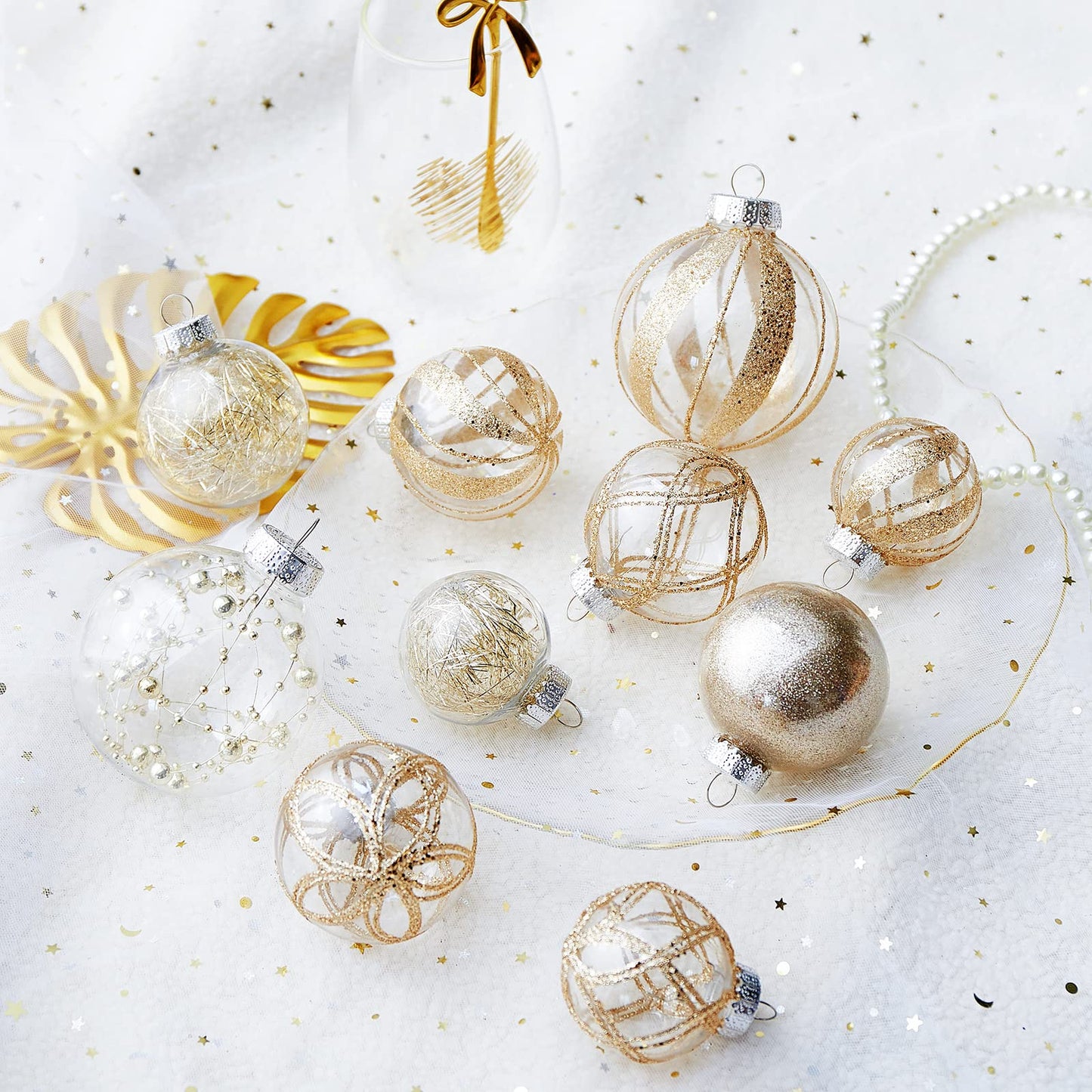 Clear Christmas Ball Ornaments,24ct Shatterproof Plastic Decorative Christmas Ornaments Hanging Xmas Tree Baubles Set with Stuffed Delicate Glittering Decorations for Holiday Party Decor (Champagne)