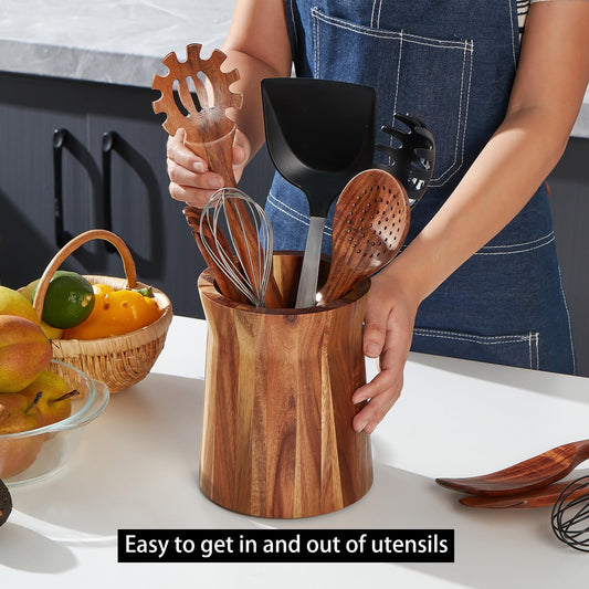 LOHONER Wooden Utensil Holder for Countertop, 360° Rotating Kitchen Utensil Holder, 7.2"x 6" Large Acacia Wood Crock, Farmhouse Kitchen Decor