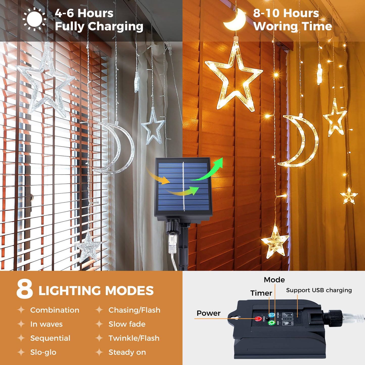 Qunlight Ramadan Solar Icicle Lights,10.8ft 138 LED Outdoor Waterproof Moons Stars Curtain Window String with 8 Modes Timer Remote,USB Rechargeable Connectable Warm White Hanging Decor for Patio