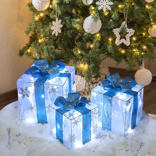 Christmas Decorations, Lauzior Set of 3 Christmas Lighted Gift Boxes 60 LED Light Up Xmas Ornament for Tree Skirt Indoor Outdoor Yard Holiday Door, Xmas Lights,Cool White