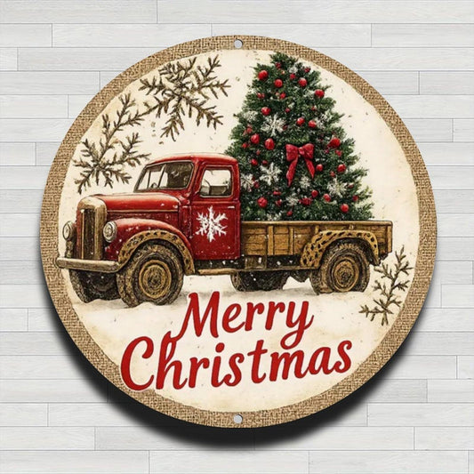 Merry Christmas Snowman Sign Vintage Rustic Aluminum Metal Round Wall Sign, No Real Clock, 8-inch Indoor Outdoor Gifts And Decor for Home, Office, Cafe & Yard