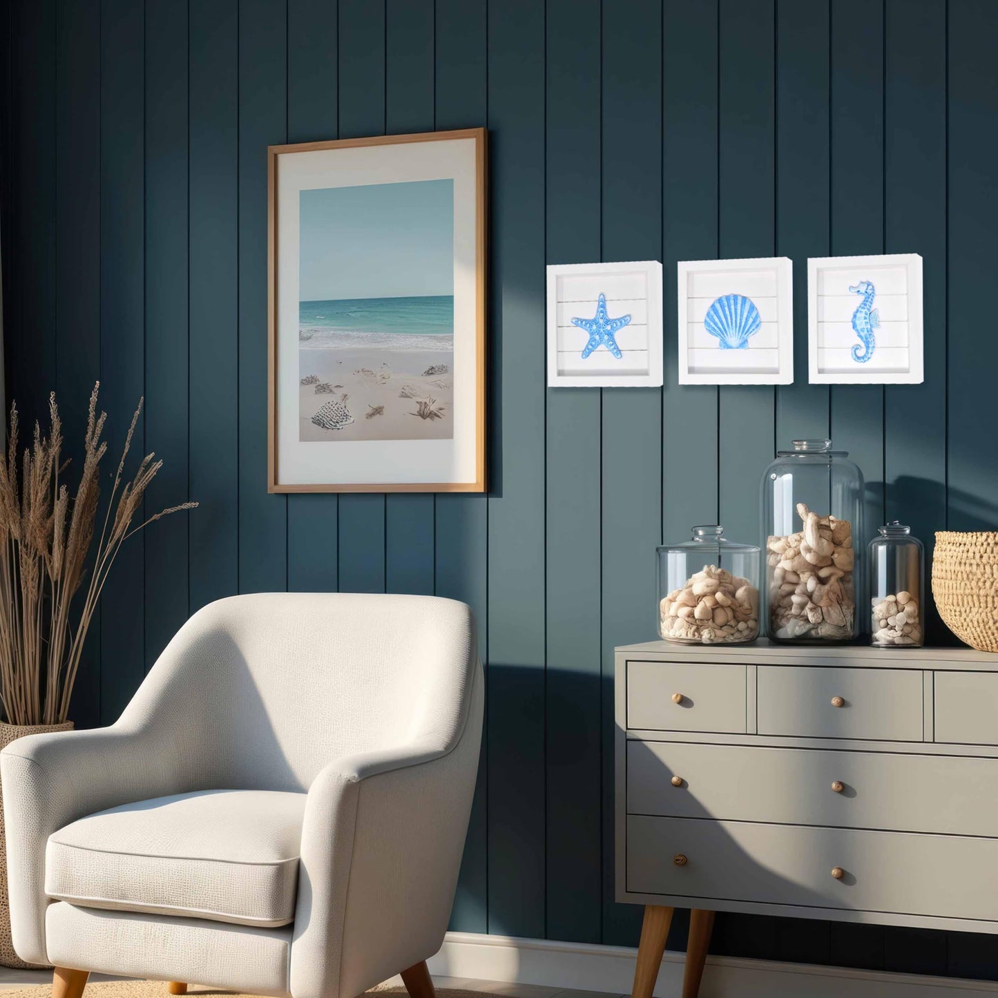 Blue Starfish Seashell and Seahorse (Framed Set of 3) Coastal 3D Wall Art, Beach Wall Decor for Bathroom Bedroom or Beach House Ocean Inspired Seaside Decorations