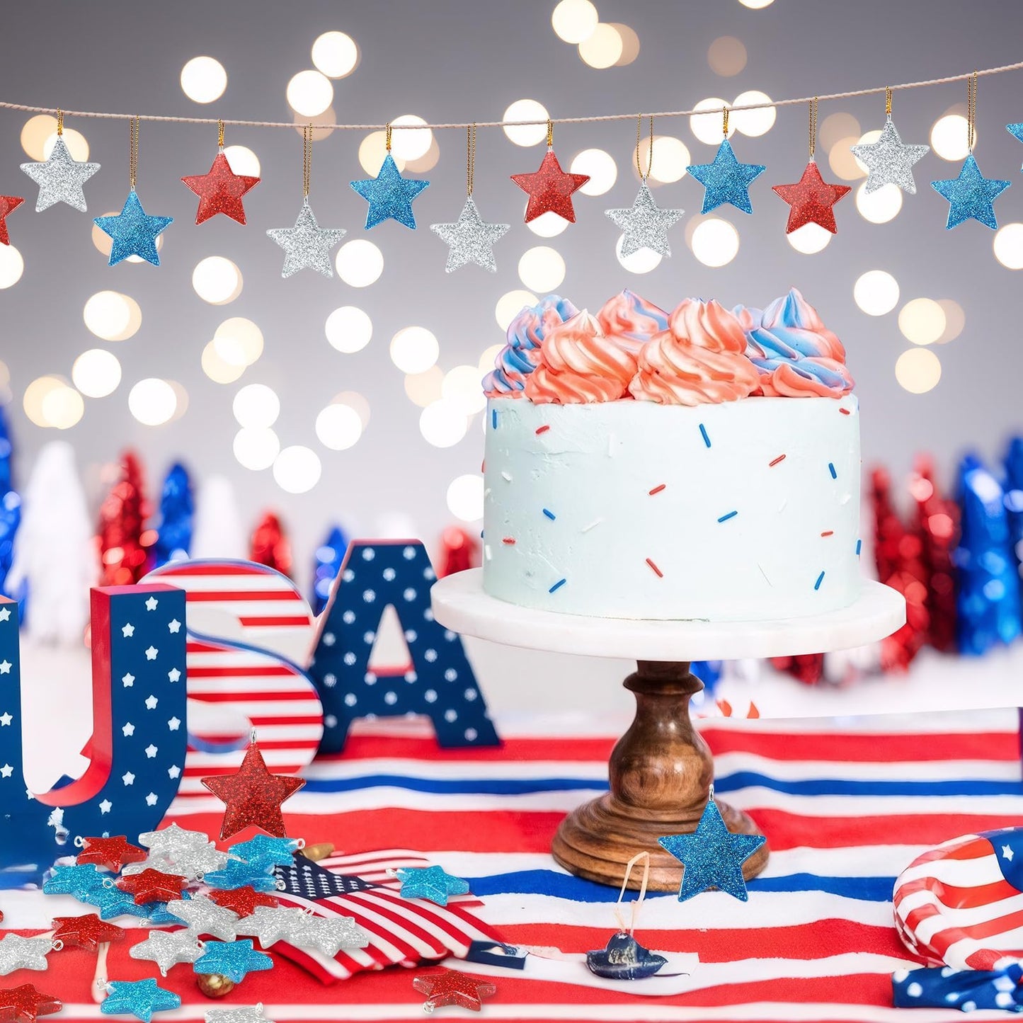 DTOFOOT 48PCS Mini Resin Patriotic Star Ornaments 4th of July Hanging Pendants for Small Tree Glitter Blue Red Star Charms with String for Memorial Day Independence Day 250th Anniversary Party Decor